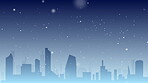 Cityscape, dark and snow on wallpaper with sparkle, particles and calm aesthetic in animation. Urban, buildings and gentle falling flakes on blue background for Christmas, peace and winter season