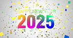 Confetti, happy new year 2025 and festive effect for party, carnival and event on white background for celebration. Particles, textures and wallpaper with animation, digital motion and color glitter