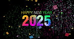 Confetti, happy new year 2025 and fireworks effect for party, carnival or event on dark background for celebration. Particles, textures and wallpaper in animation, digital motion and festive as decor