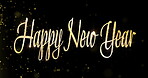 Gold, animation and happy new year text for party, carnival or event on dark background or illustration. Particle, texture and wallpaper with celebrate, digital motion or decor for season or vacation