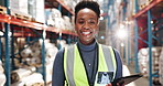 Logistics, portrait and black woman in factory with tablet for online checklist in export distribution. Inventory management, smile and confident person in warehouse with digital app for inspection 