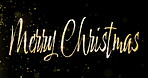 Merry Christmas, text and glitter on black background with particles, sparkle or festive aesthetic. Greeting, digital card and dust glow for invitation, seasonal celebration or golden font with shine