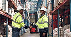 Handshake, logistics and men in warehouse for deal, agreement and service delivery partnership. Teamwork, storage and people in factory shaking hands for inventory management in supply chain industry