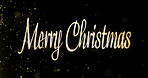 Merry Christmas, text and sparkle on black background with particles, glitter and festive aesthetic. Greeting, digital card or dust glow for invitation, seasonal celebration or golden font with shine