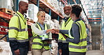 Handshake, logistics and people in factory for deal, agreement or service delivery partner. Collaboration, storage or team in warehouse shaking hands for inventory management in supply chain industry