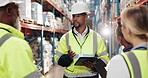 Logistics, teamwork and tablet in warehouse for inspection training, service delivery and inventory management. Distribution, people and supply chain instructions, staff meeting or stock control plan