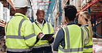 Distribution, team and tablet in warehouse for inspection training, service delivery and inventory management. Logistics, people or tech with supply chain instructions, staff meeting or stock control