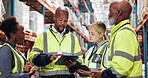 Logistics, team and tablet in warehouse for distribution training, service delivery and inventory management. Inspection, people or tech with supply chain instructions, staff meeting or stock control