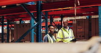 Logistics, man and woman in warehouse planning discussion together for online supply chain distribution. Inventory management, inspection and people walking in factory with team, tablet and checklist