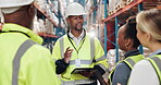 Logistics, staff and tablet in warehouse for inspection training, service delivery and inventory management. Distribution, people or tech with supply chain instructions, team meeting or stock control