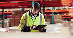 Logistics, search and man in warehouse with tablet for online inspection in export distribution plant. Inventory management, checklist or person in factory on digital app for stock in cargo storage