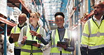 Logistics, team and tablet in warehouse for inspection training, service delivery and inventory management. Distribution, people or tech with supply chain instructions, staff meeting or stock control