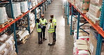 People, meeting or supervisor on tablet in factory for shipping distribution, order or supply chain. Warehouse training, plant or above of logistics boss talking to team organize delivery inventory