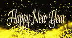 Decor, celebration and happy new year text for party, carnival or event on dark background. Golden particles, texture and wallpaper with animation, digital invitation and gold for season or vacation