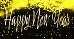 Decor, wallpaper and happy new year text for party, carnival or event on black background or illustration. Particle, texture and celebrate with animation, digital motion or gold as season or vacation