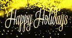 Gold, celebration and happy holidays text for party, carnival or event as background on Christmas eve. Particles, texture and wallpaper with animation, digital motion and decor for season or vacation