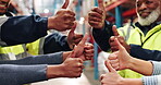Logistics team, hands or thumbs up in warehouse for partnership or collaboration or yes gesture. Distribution, shipping agreement or people in staff group together for okay sign, thank you or support