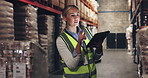 Factory engineer, woman and tablet to check stock, inventory and storage on shelf. Warehouse worker, technology and inspection for quality control, logistics and counting cargo in shipping industry