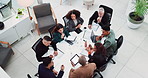 Business people, meeting and documents for collaboration, planning and company development in office. Diversity, technology and management team in workplace for partnership, communication or research