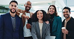 Office, portrait and happy business people with confidence, smile and solidarity together at creative agency. Diversity, men and women with professional teamwork, support or proud group collaboration