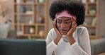 Block, black woman or tired writer thinking of ideas, journalism research or essay inspiration in home. Doubt, journalist and bored author frustrated by article story, copywriting and remote work