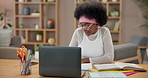 Laptop, black woman and student reading book in home, study and online education at school. University, exam and African girl elearning on computer for knowledge or research for college entrance test