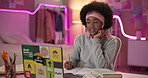 Girl, laptop and video call at night for distance learning, listening and writing notes for lecture. Black woman, computer and neon light with online course, class and notebook for education in home