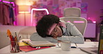 Girl, student and sleeping by books in bedroom, laptop and study with fatigue, rest and tired in apartment. Black woman, computer and exhausted in home with neon light, burnout and college project