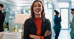 Woman, happy and face in business for confidence, professional and career growth in news agency. Journalist, portrait or arms crossed in office lobby for introduction, welcome or pride for occupation