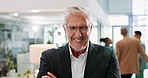 Mature man, happy and face in business for confidence, professional and career success in news agency. Reporter, portrait and arms crossed in office lobby for welcome, laugh and expert in occupation