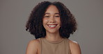 Portrait, haircare and woman with smile, natural afro and confidence on grey studio background. Face, happy model and satisfaction with cosmetic, salon grooming and keratin treatment for beauty glow