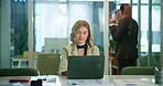 Office, typing and woman at laptop with research, review or web analysis for business plan at digital agency. Inspiration, administration and receptionist at desk with computer for online schedule