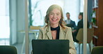 Office, portrait and woman at laptop with admin, review or confidence for business plan at finance agency. Smile, research and happy receptionist at desk with computer for online schedule management