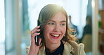 Office, phone call and happy woman at desk with networking, smile and contact at administration agency. Businesswoman, consultant or receptionist with smartphone connection for business communication