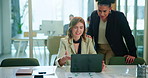 Office, support and business people with laptop in discussion for finance, investment or equity review. Corporate, women and conversation with tech for economy news, solution or report on share price