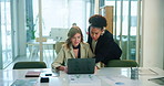 Help, manager and business people on laptop in office for feedback, review and advice for project. Professional, corporate and worker with boss for teamwork, job training and collaboration at desk