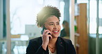 Business, phone call and woman at desk with smile, networking or contact at administration agency. Businesswoman, consultant or receptionist with smartphone connection for communication in office