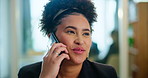 Business, phone call and woman in office with smile, networking or contact at administration agency. Businesswoman, consultant or receptionist with smartphone connection for communication at desk