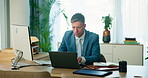 Office, typing and mature man at laptop with research, review or web analysis for business plan at digital agency. Technology, admin or project manager at desk with computer for online schedule email