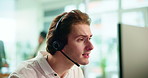 Man, call center and confused by computer for talking, reading or frustrated for tech support in office. Person, consultant or agent by pc, thinking or question for customer care at telemarketing job