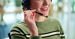 Hands, mic and happy woman in call center, office and talking with headphones, voip and audio at job. CRM person, consultant and agent with sound, telemarketing and contact us for customer support