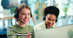 Happy business women, consultant and call center with headphones for customer service, telemarketing or sale at office. Female person, agents or employees with smile for online promotion at workplace