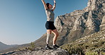 Woman, celebration and prosthetic leg for hiking on mountain for exercise, workout and walking. Achievement, training and person with a disability outdoor for adventure, success and rehabilitation