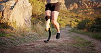 Running, workout and woman with prosthetic leg for fitness, marathon training and exercise. Sports, nature trail and person with disability for wellness, health and performance for international race