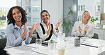 Business people, women and applause in meeting for success, company growth and reputation with happiness for progress. Team, celebration and proud of accomplishment, milestone and task achievement.