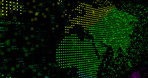 Pixel, connectivity and digital map of world for future technology, cyber infrastructure and iot on black background. Information, communication and global network for internet data on dark wallpaper