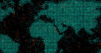 Pixel, connection and digital map of world for future technology, cyber infrastructure and iot on black background. Information, communication and global network for internet data on dark wallpaper