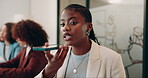 Phone call, talking and woman in office, contact and communication for schedule, chat and planning. Mobile, conversation and recruiter with coworkers and black person in morning and professional