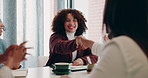Shaking hands, collaboration and business women in office with company merger, deal or partnership. Discussion, meeting and female creative directors with applause for b2b contract handshake.