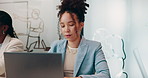 Laptop, typing and businesswoman in office with email for international investment client. Communication, computer and female financial manager with revenue report for stock market cryptocurrency.